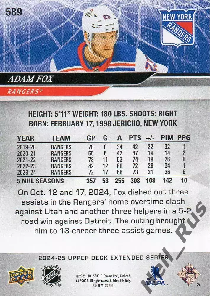 Хоккей Карточка Adam Fox/Адам Фокс New York Rangers/Нью-Йорк Рейнджерс НХЛ / NHL 1