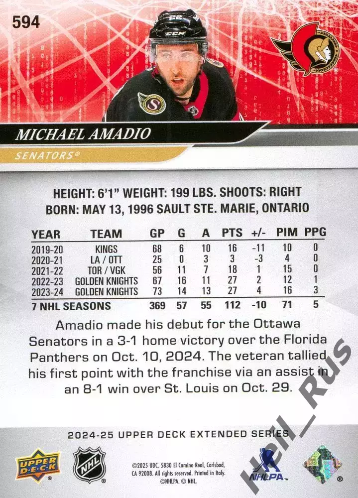 Карточка Michael Amadio/Майкл Амадио (Ottawa Senators/Оттава Сенаторз) НХЛ/NHL 1