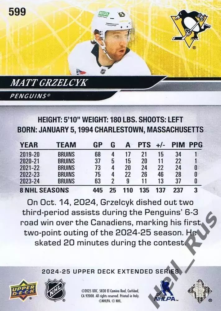 Карточка Grzelcyk/Мэтт Гжельчик (Pittsburgh Penguins/Питтсбург Пингвинз) НХЛ/NHL 1