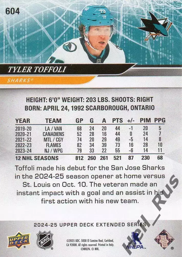 Карточка Tyler Toffoli/Тайлер Тоффоли (San Jose Sharks/Сан-Хосе Шаркс) НХЛ/NHL 1