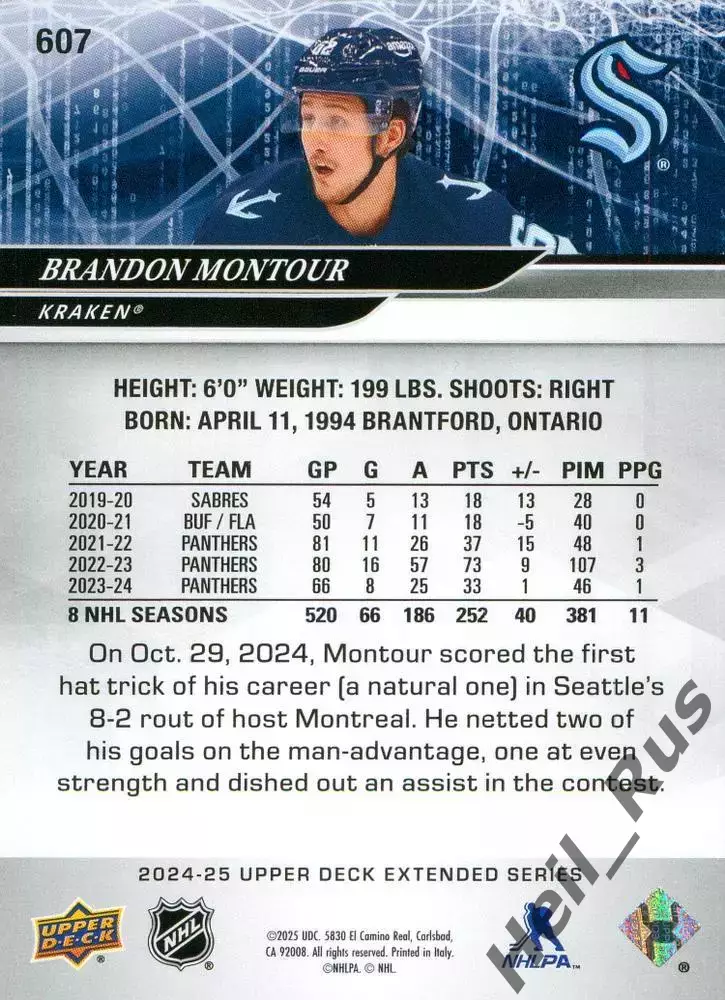 Карточка Brandon Montour/Брэндон Монтур (Seattle Kraken/Сиэтл Кракен) НХЛ/NHL 1