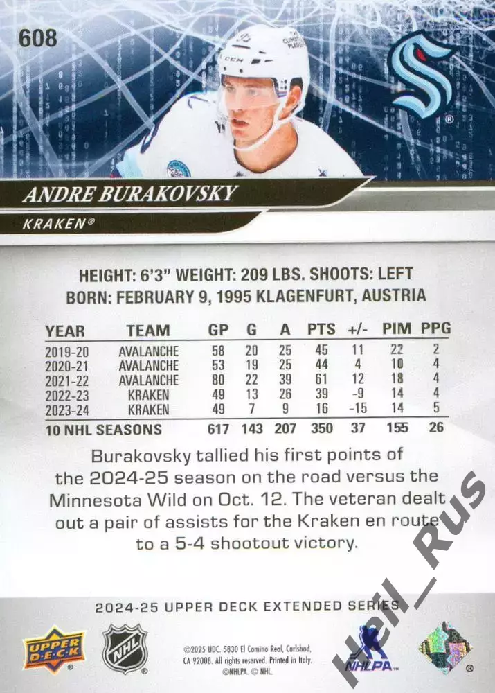 Карточка Andre Burakovsky/Андре Бураковски (Seattle Kraken/Сиэтл Кракен) НХЛ/NHL 1