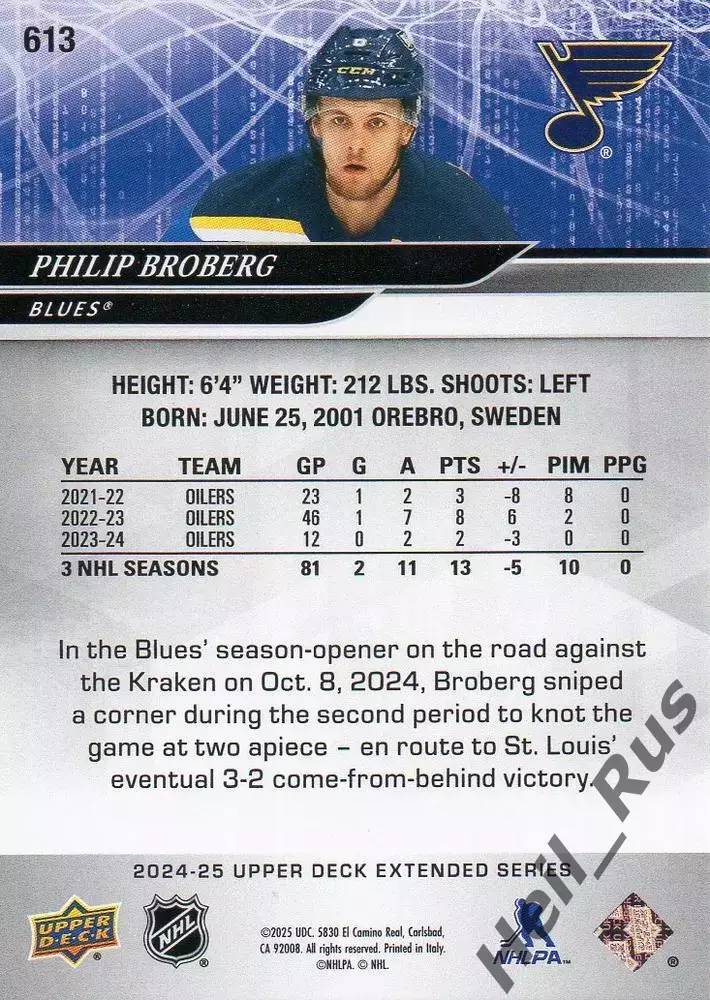 Карточка Philip Broberg/Филип Броберг (St. Louis Blues/Сент-Луис Блюз) НХЛ/NHL 1