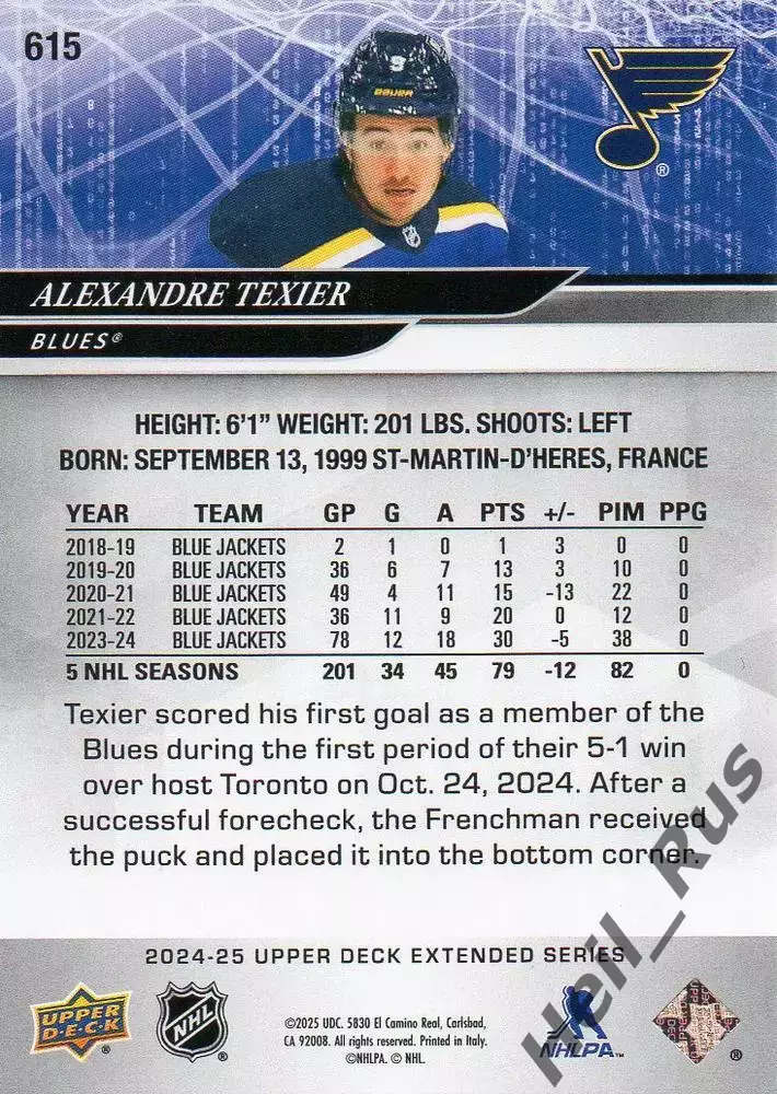 Карточка Alexandre Texier/Александр Тексье St Louis Blues/Сент-Луис Блюз НХЛ/NHL 1