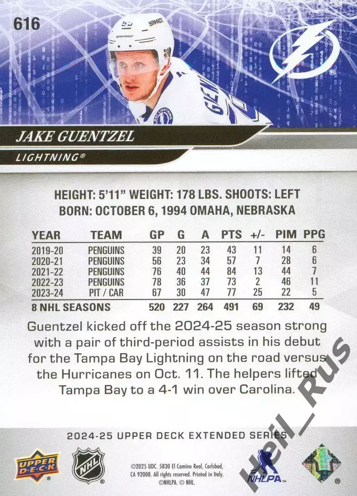 Карточка J. Guentzel/Джейк Генцел Tampa Bay Lightning/Тампа-Бэй Лайтнинг НХЛ/NHL 1