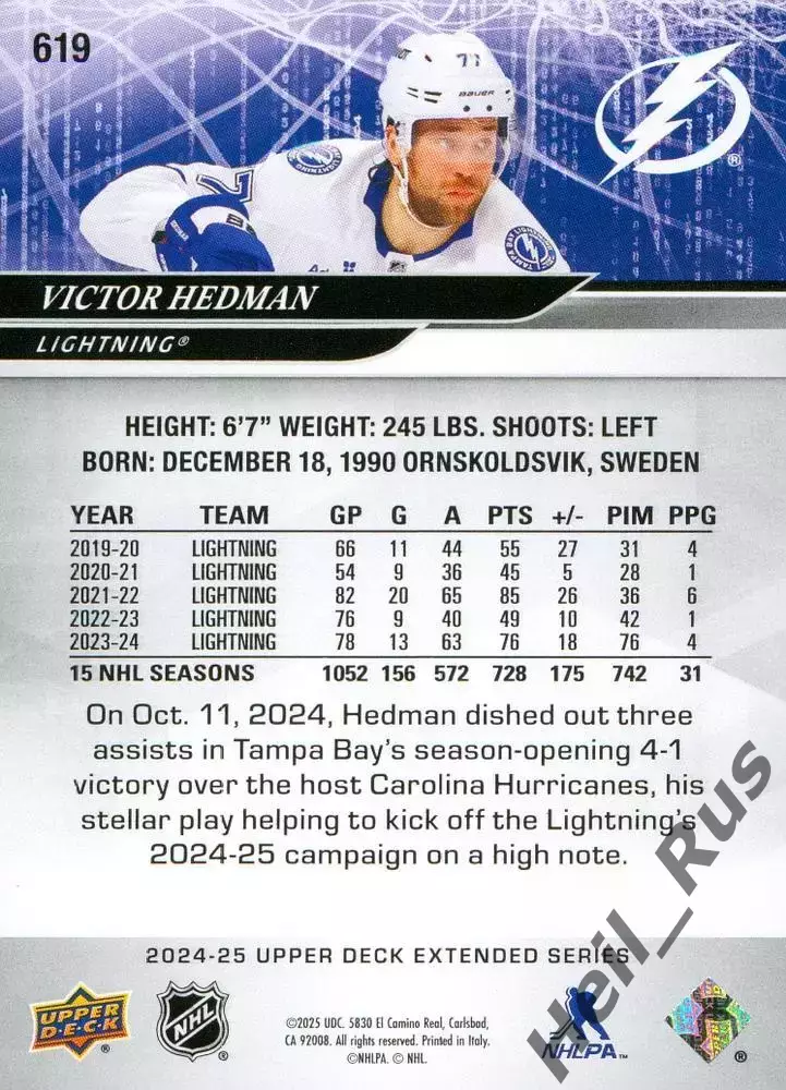 Карточка Виктор Хедман Tampa Bay Lightning/Тампа-Бэй Лайтнинг, Барыс NHL-НХЛ КХЛ 1