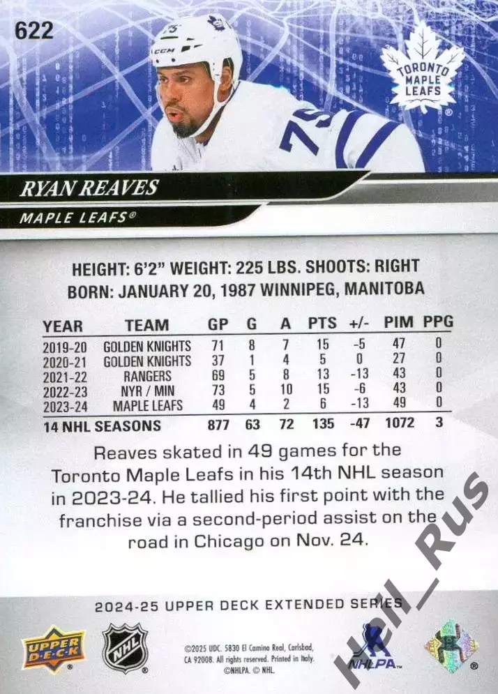 Карточка Ryan Reaves/Райан Ривз (Toronto Maple Leafs/Торонто Мейпл Лифс) НХЛ/NHL 1