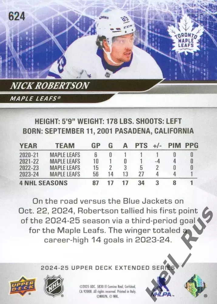 Хоккей Карточка Nick Robertson/Ник Робертсон Toronto Maple Leafs/Торонто NHL/НХЛ 1