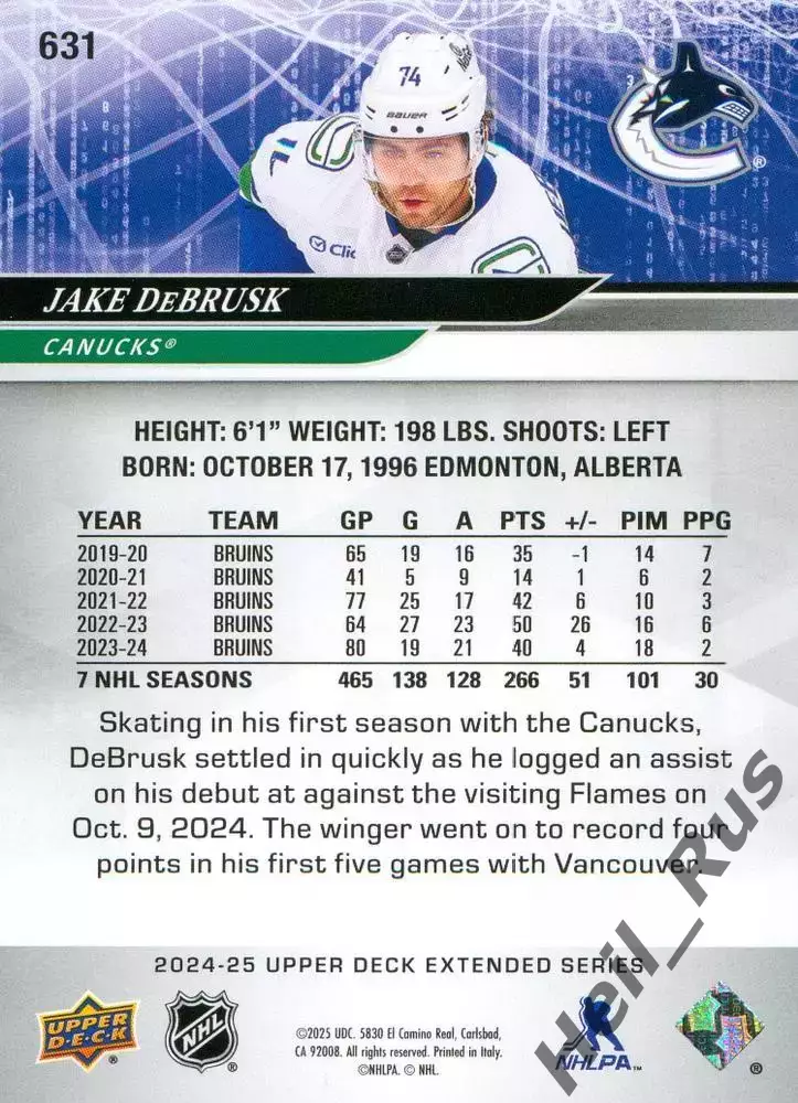 Карточка Jake DeBrusk/Джейк Дебраск (Vancouver Canucks/Ванкувер Кэнакс) НХЛ/NHL 1