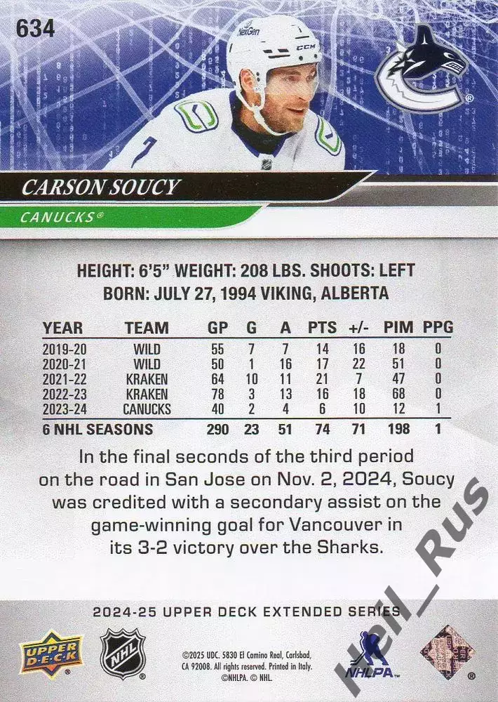 Карточка Carson Soucy/Карсон Суси (Vancouver Canucks/Ванкувер Кэнакс) НХЛ/NHL 1