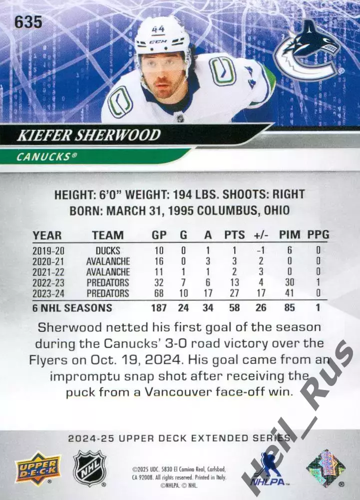 Карточка Kiefer Sherwood/Кифер Шервуд Vancouver Canucks/Ванкувер Кэнакс НХЛ/NHL 1