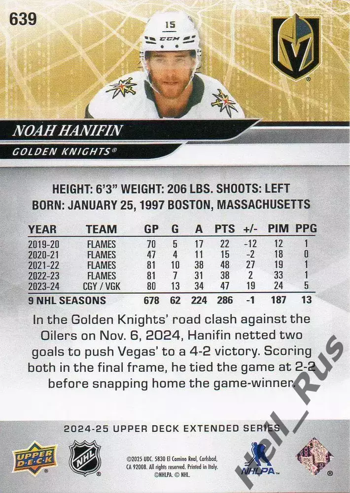 Хоккей. Карточка Noah Hanifin/Ноа Ханифин (Vegas Golden Knights / Вегас) НХЛ/NHL 1