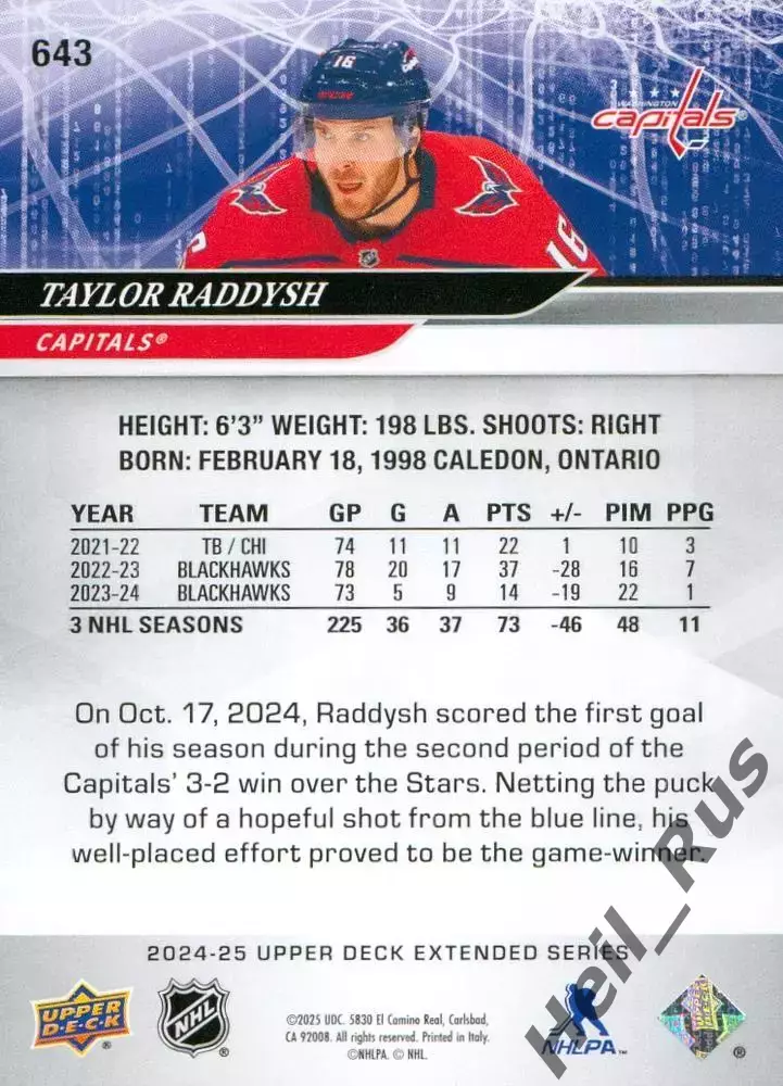Карточка Taylor Raddysh/Тэйлор Рэддиш (Washington Capitals/Вашингтон) НХЛ/NHL 1
