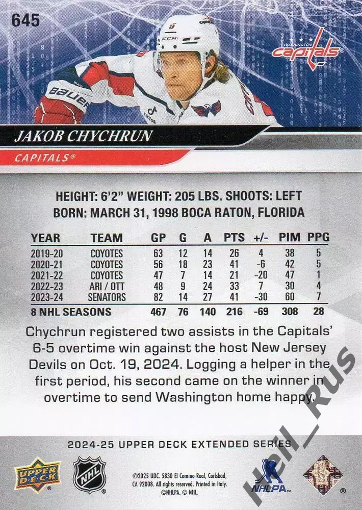 Карточка Jakob Chychrun/Джейкоб Чикран (Washington Capitals/Вашингтон) НХЛ/NHL 1
