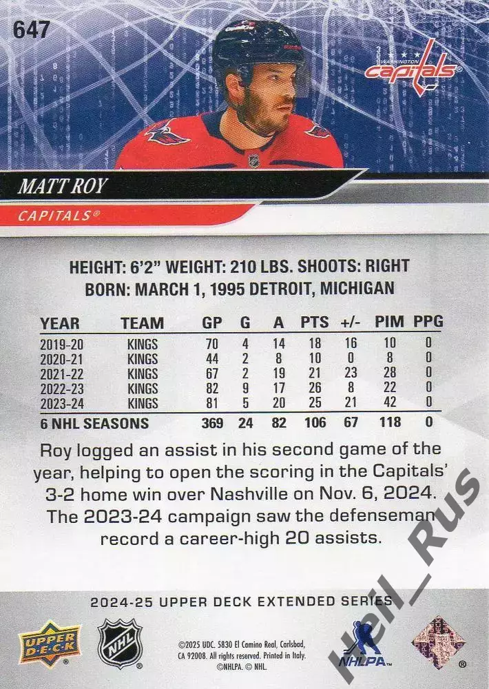 Хоккей Карточка Matt Roy/Мэтт Рой Washington Capitals/Вашингтон Кэпиталз НХЛ/NHL 1