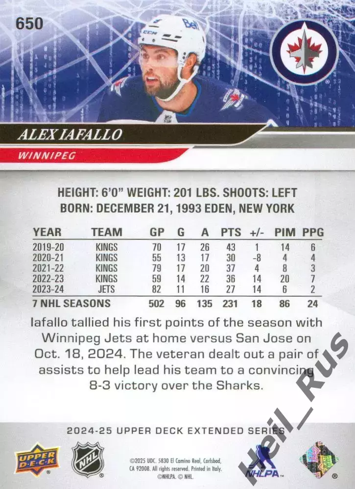 Хоккей. Карточка Alex Iafallo/Алекс Иафалло Winnipeg Jets/Виннипег Джетс НХЛ/NHL 1