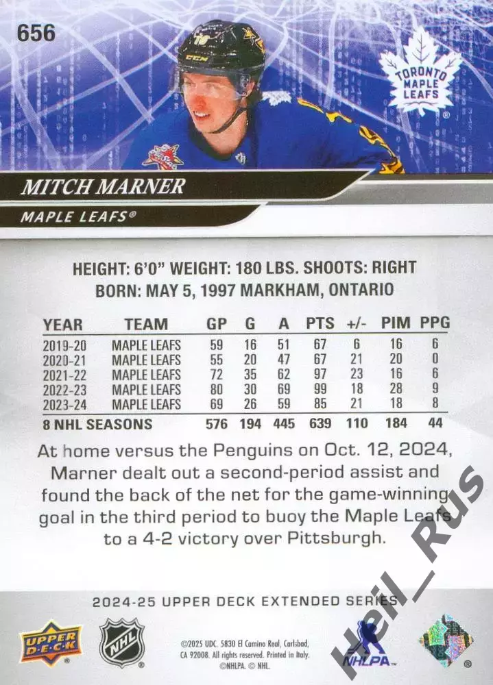 Карточка Mitch Marner/Митч Марнер Toronto Maple Leafs/Торонто Мейпл Лифс НХЛ NHL 1