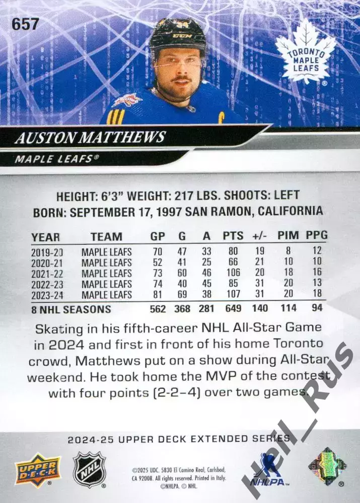 Карточка Auston Matthews/Остон Мэттьюс (Toronto Maple Leafs / Торонто) NHL/НХЛ 1