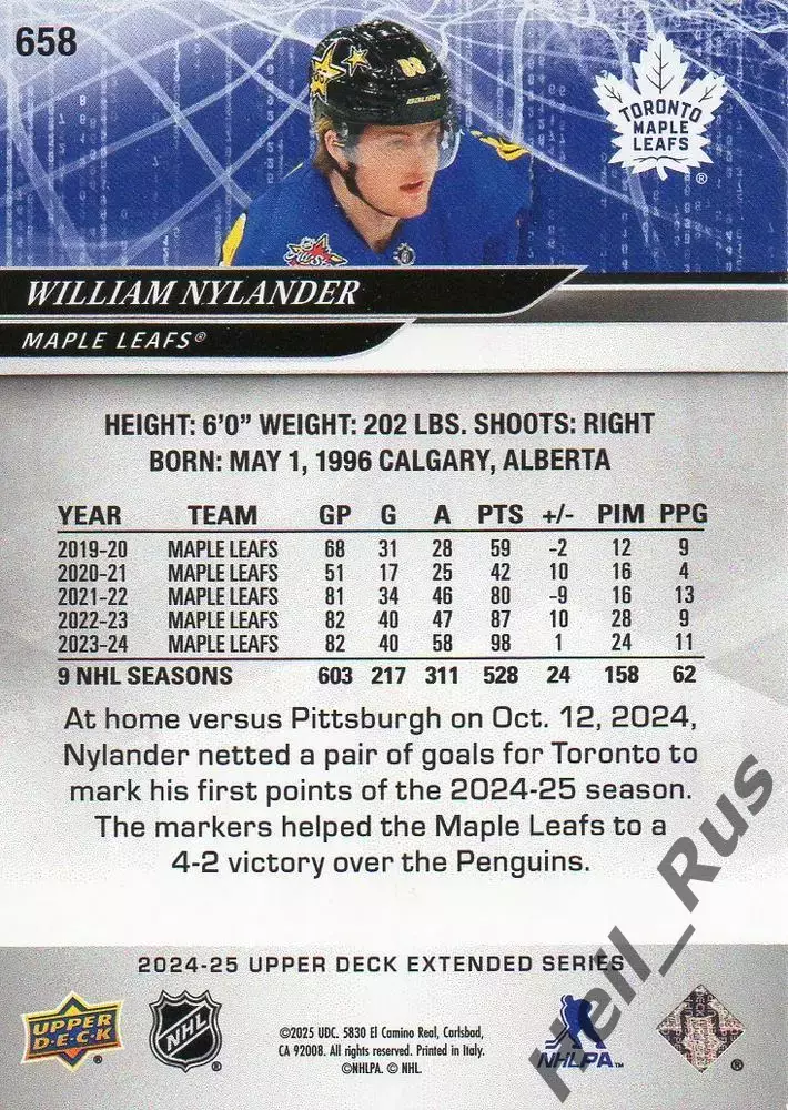 Карточка William Nylander/Вильям Нюландер Toronto Maple Leafs/Торонто, НХЛ/NHL 1