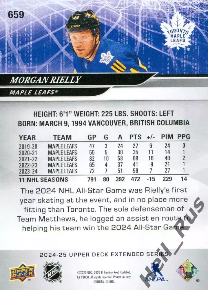 Хоккей Карточка Morgan Rielly/Морган Райлли Toronto Maple Leafs/Торонто NHL/НХЛ 1