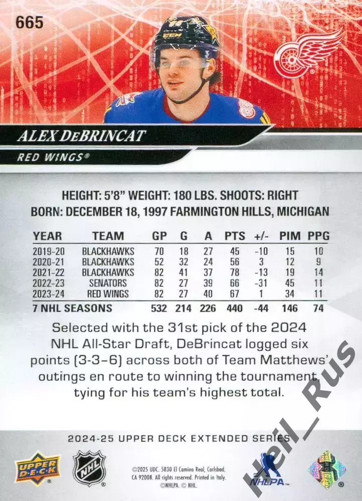 Карточка DeBrincat/Алекс Дебринкэт (Detroit Red Wings/Детройт Ред Уингз) НХЛ/NHL 1