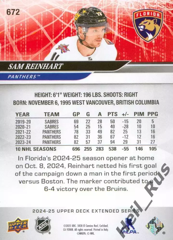 Карточка Sam Reinhart / Сэм Райнхарт (Florida Panthers/Флорида Пантерз) НХЛ/NHL 1
