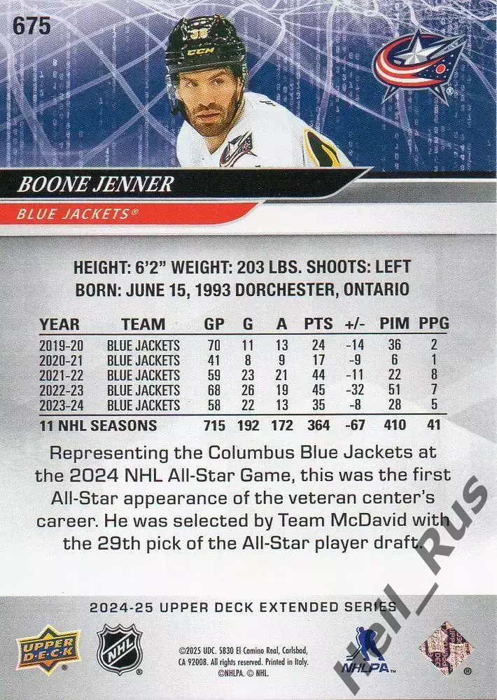 Хоккей; Карточка Boone Jenner/Бун Дженнер Columbus Blue Jackets/Коламбус NHL/НХЛ 1