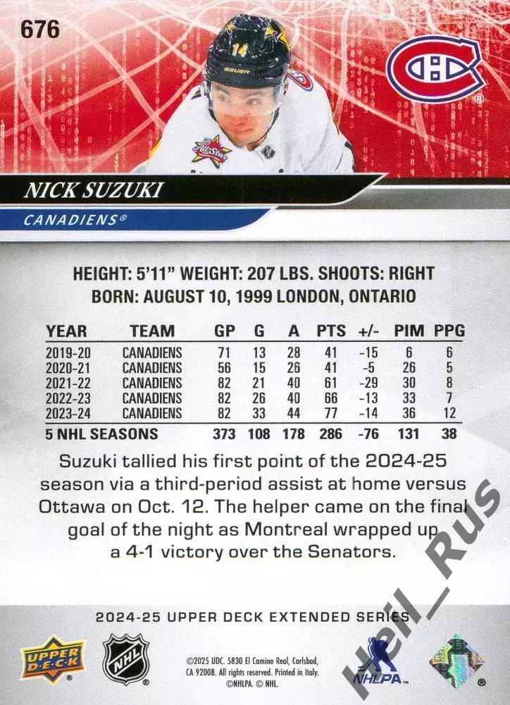 Хоккей; Карточка Nick Suzuki / Ник Сузуки (Montreal Canadiens/Монреаль) НХЛ/NHL 1