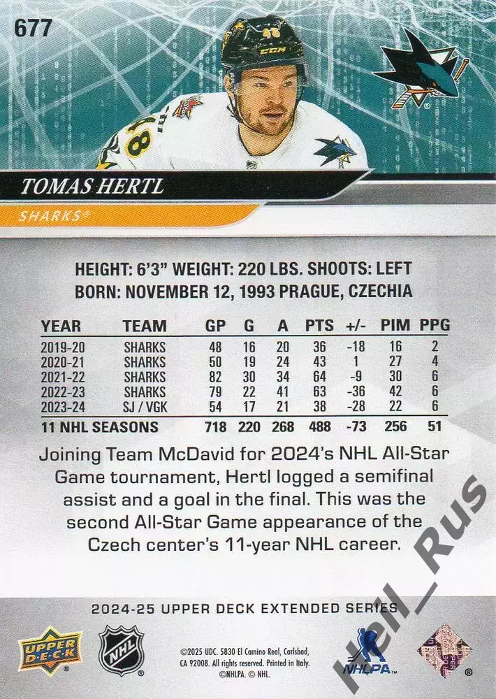 Хоккей Карточка Tomas Hertl/Томаш Гертл (San Jose Sharks/Сан-Хосе Шаркс) NHL-НХЛ 1