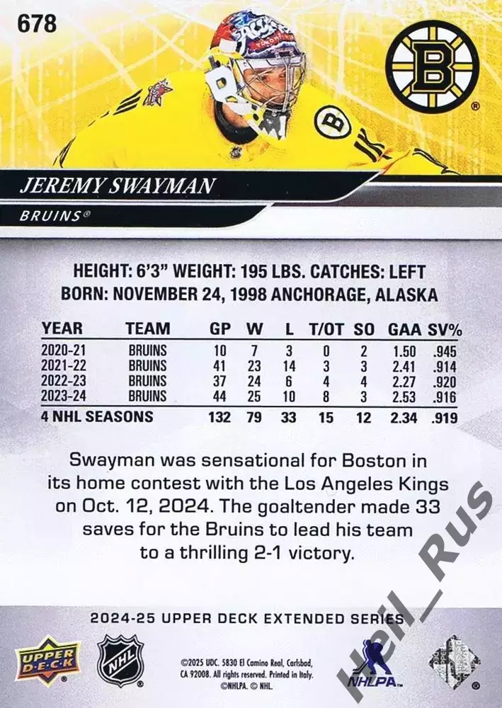 Карточка Jeremy Swayman/Джереми Суэймэн (Boston Bruins/Бостон Брюинз) НХЛ / NHL 1