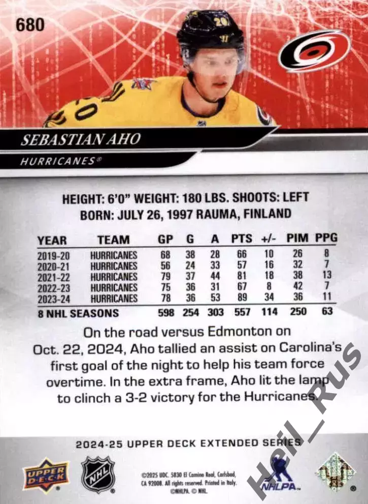 Хоккей Карточка Sebastian Aho/Себастьян Ахо Carolina Hurricanes-Каролина NHL-НХЛ 1