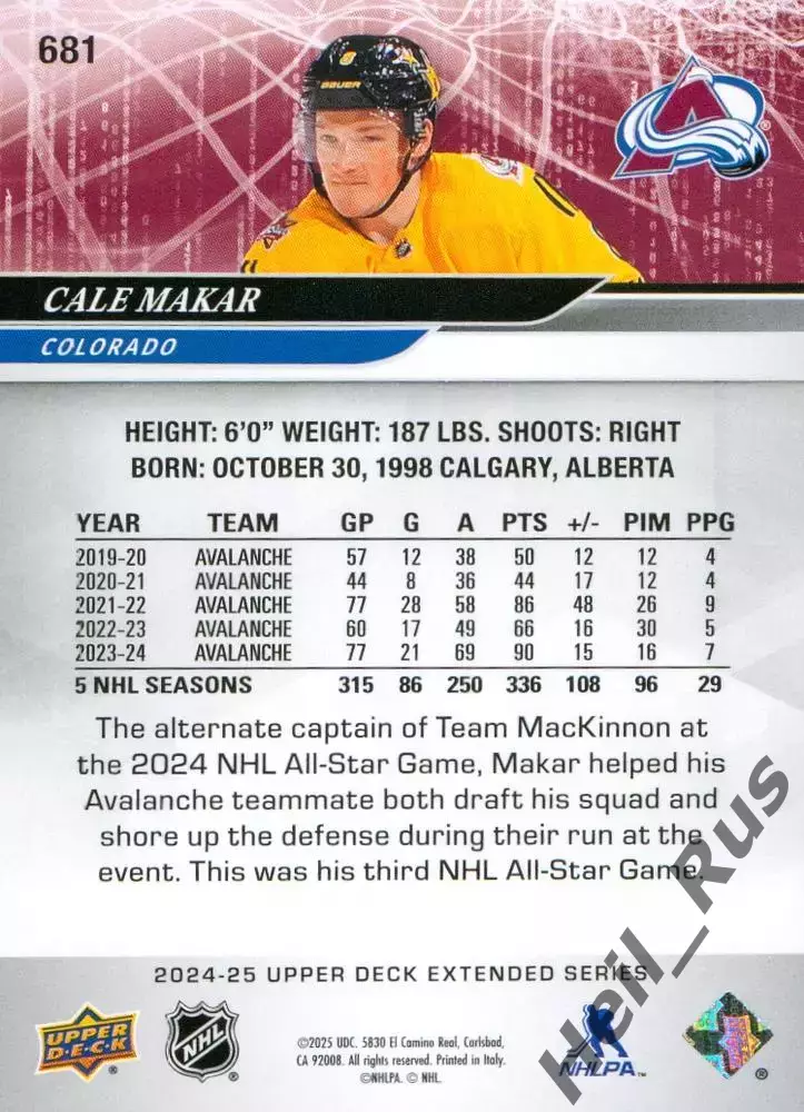 Карточка Cale Makar/Кейл Макар (Colorado Avalanche / Колорадо Эвеланш) НХЛ/NHL 1