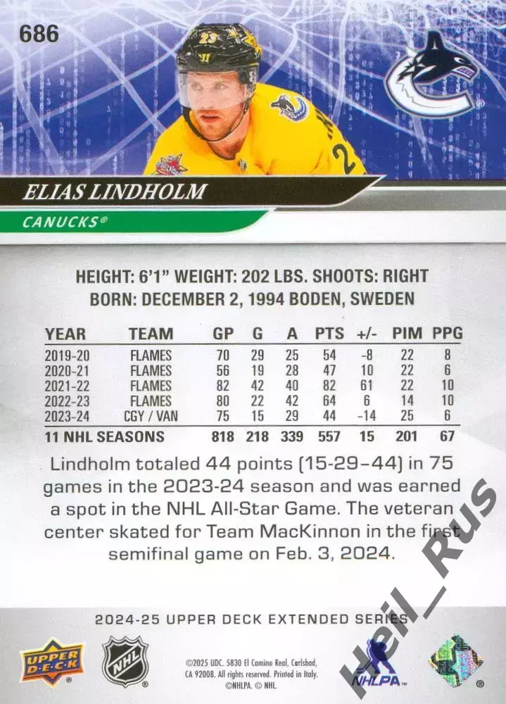 Карточка Elias Lindholm/Элиас Линдхольм (Vancouver Canucks/Ванкувер) НХЛ/NHL 1