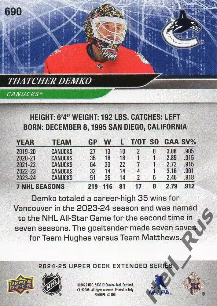 Карточка Thatcher Demko/Тэтчер Демко (Vancouver Canucks/Ванкувер Кэнакс) NHL-НХЛ 1