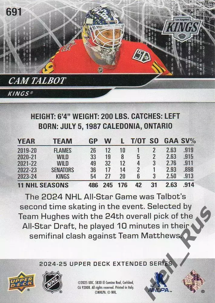 Карточка Cam Talbot/Кэм Тальбо (Los Angeles Kings/Лос-Анджелес Кингз) НХЛ/NHL 1