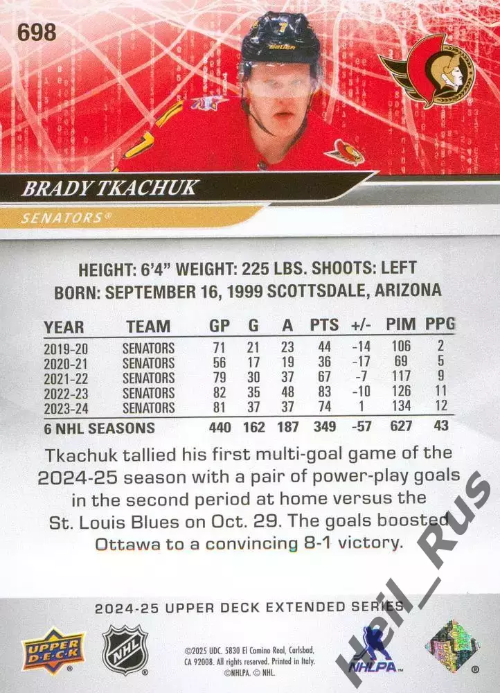Карточка Brady Tkachuk/Брэди Ткачук (Ottawa Senators / Оттава Сенаторз) НХЛ/NHL 1