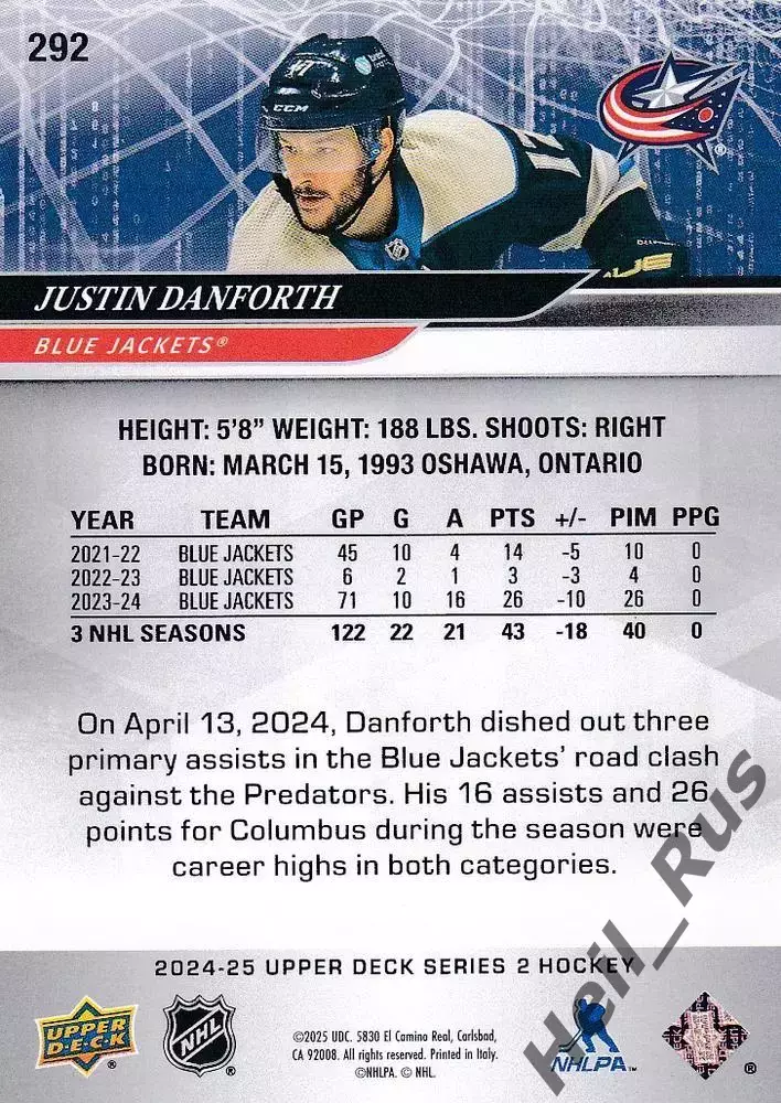 Карточка Джастин Дэнфорт (Columbus Blue Jackets/Коламбус, Витязь) НХЛ/NHL, КХЛ 1