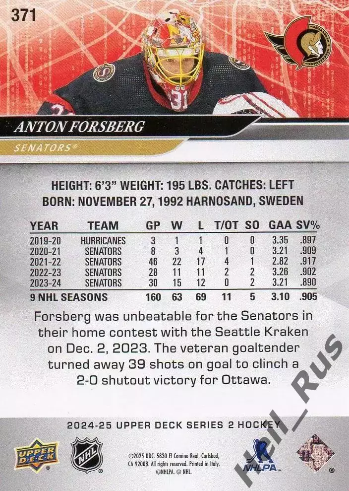 Карточка Anton Forsberg/Антон Форсберг (Ottawa Senators/Оттава Сенаторз) НХЛ/NHL 1