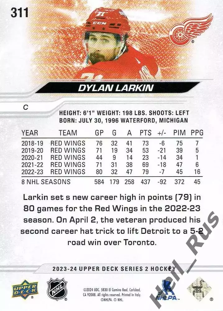 Карточка Dylan Larkin/Дилан Ларкин (Detroit Red Wings/Детройт Ред Уингз) НХЛ-NHL 1