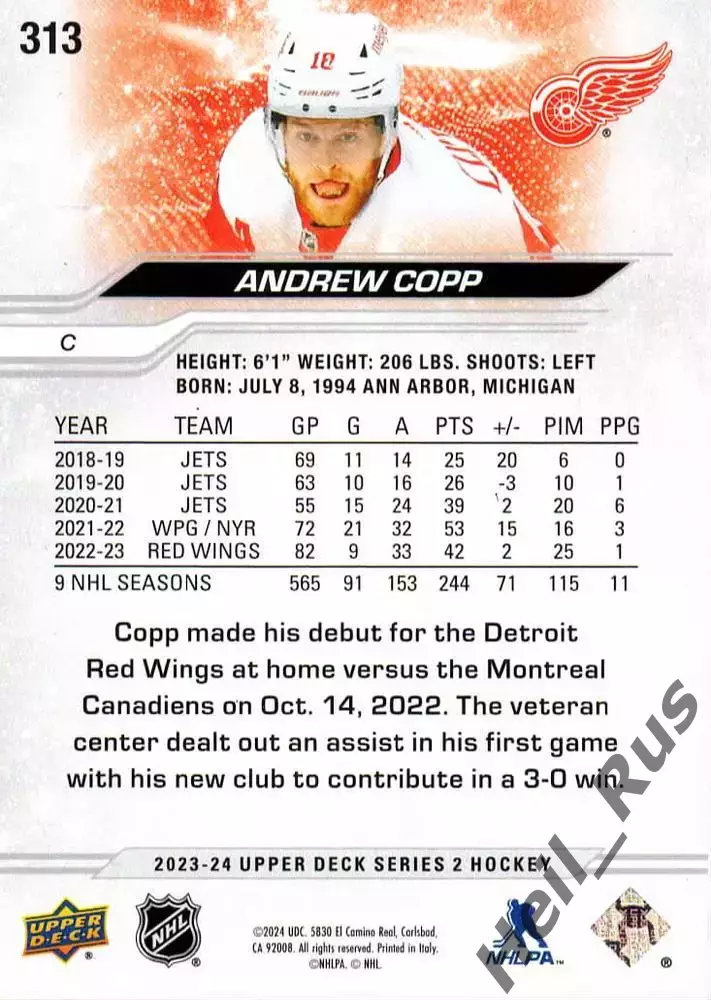 Карточка Andrew Copp/Эндрю Копп (Detroit Red Wings/Детройт Ред Уингз) НХЛ/NHL 1