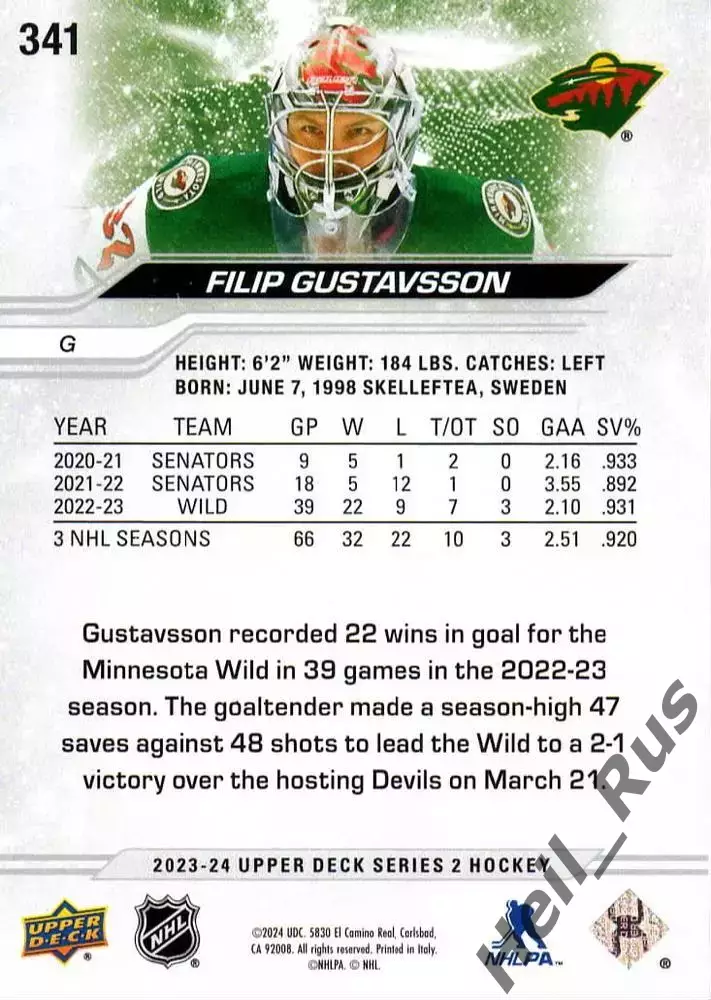 Карточка Filip Gustavsson/Филип Густавссон (Minnesota Wild/Миннесота) НХЛ/NHL 1