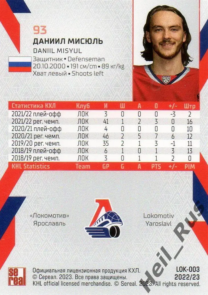 Хоккей Карточка Даниил Мисюль (Локомотив Ярославль) КХЛ/KHL сезон 2022/23 SeReal 1