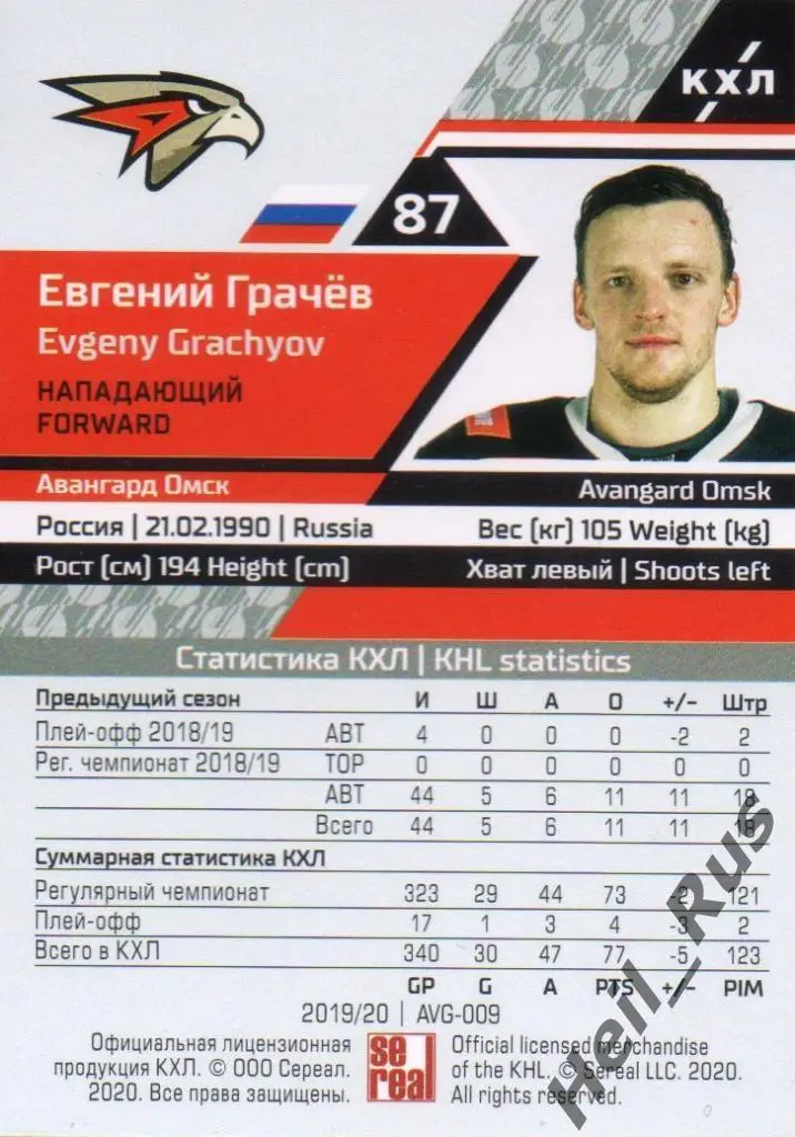Хоккей. Карточка Евгений Грачев (Авангард Омск) КХЛ/KHL сезон 2019/20 SeReal 1