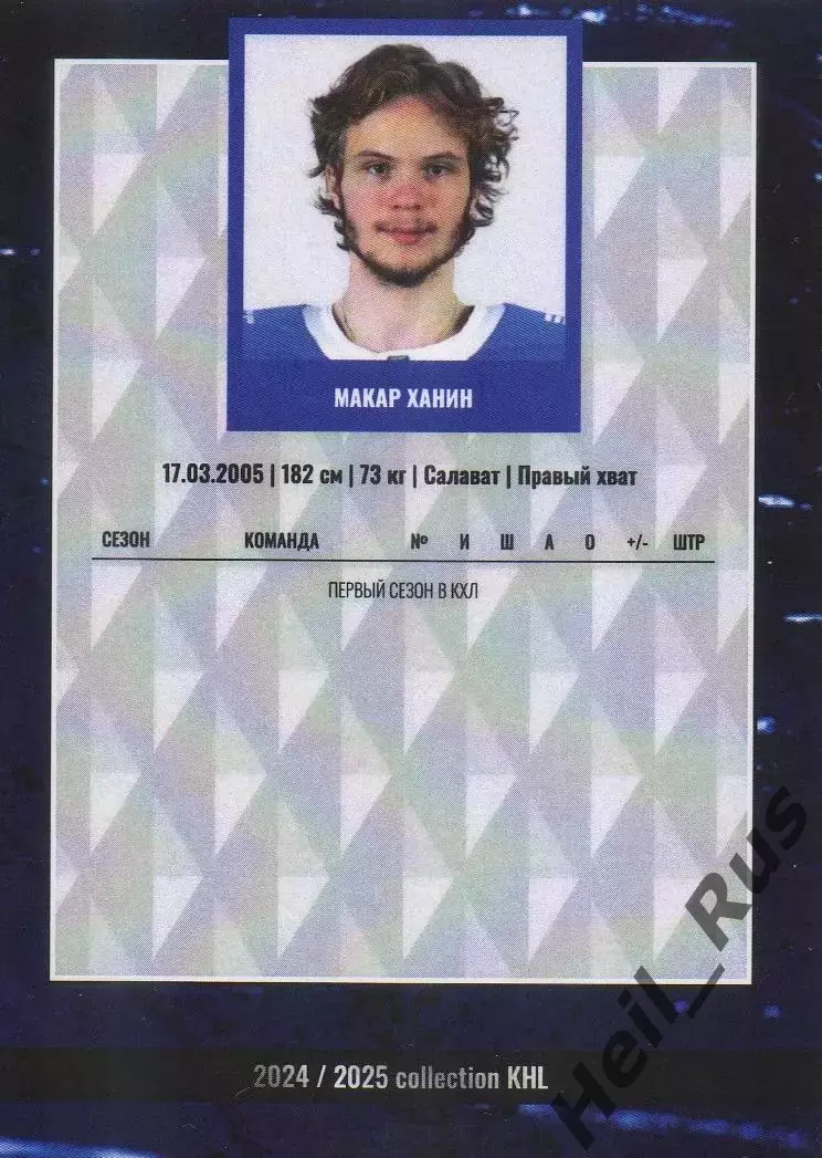 Хоккей. Карточка Макар Ханин (Динамо Москва) КХЛ/KHL сезон 2024/2025 1