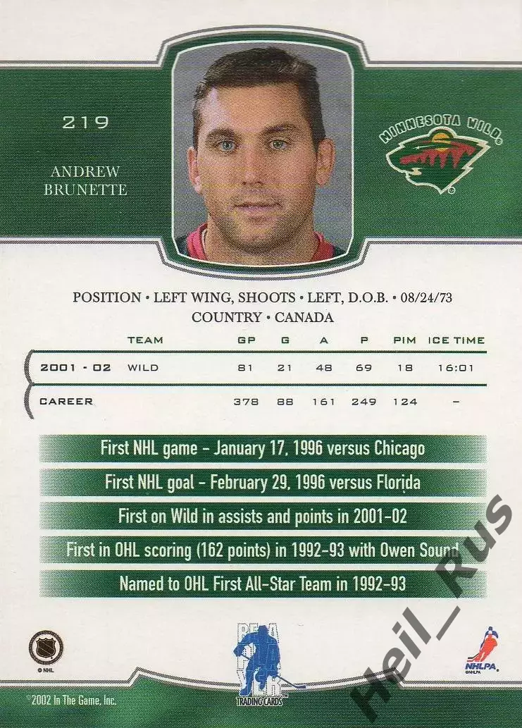 Карточка Andrew Brunette/Эндрю Брюнетт (Minnesota Wild/Миннесота Уайлд) НХЛ/NHL 1