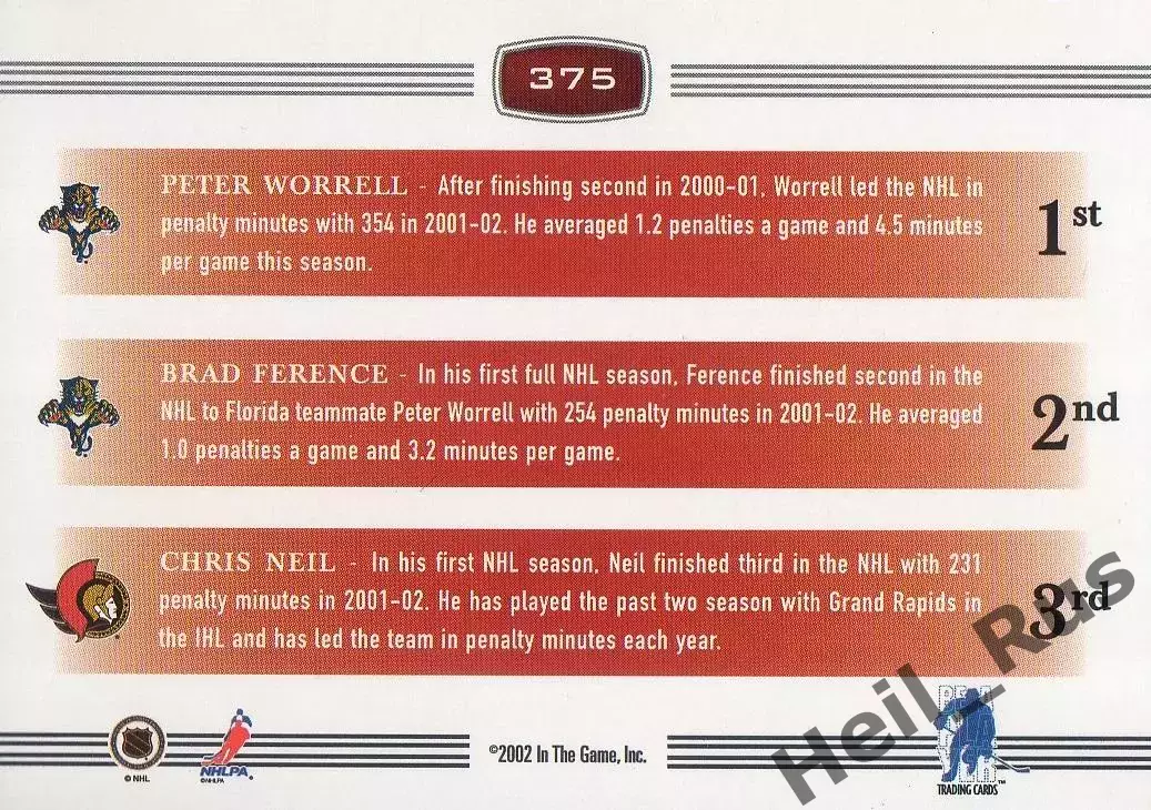 Карточка Питер Уоррелл/Брэд Ференс/Крис Нил Флорида Пантерз/Оттава Сенаторз НХЛ 1
