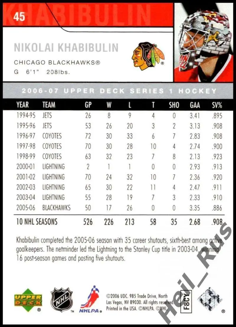 Карточка Николай Хабибулин Chicago Blackhawks/Чикаго, ЦСКА, Торпедо НХЛ/NHL/КХЛ 1