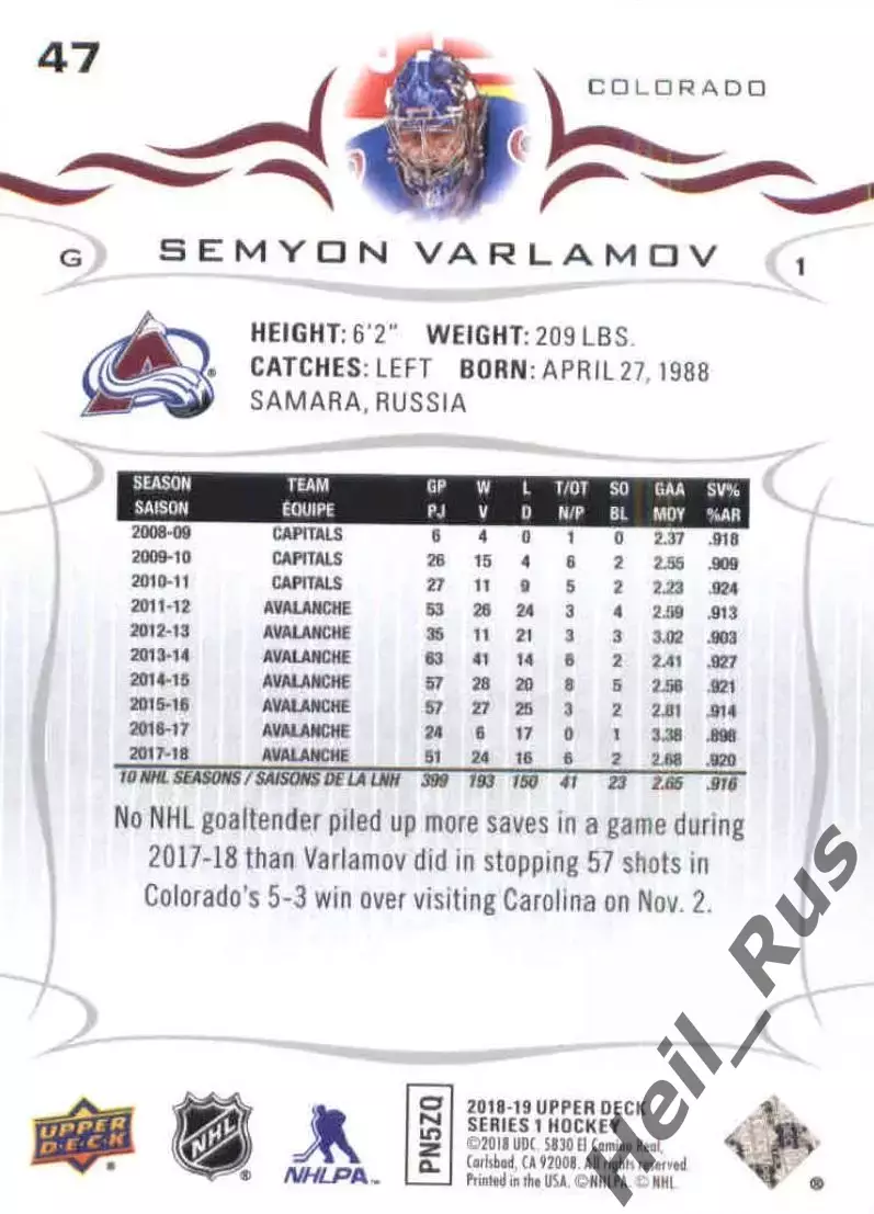 Карточка Семен Варламов Colorado Avalanche-Колорадо, Локомотив Ярославль НХЛ/КХЛ 1