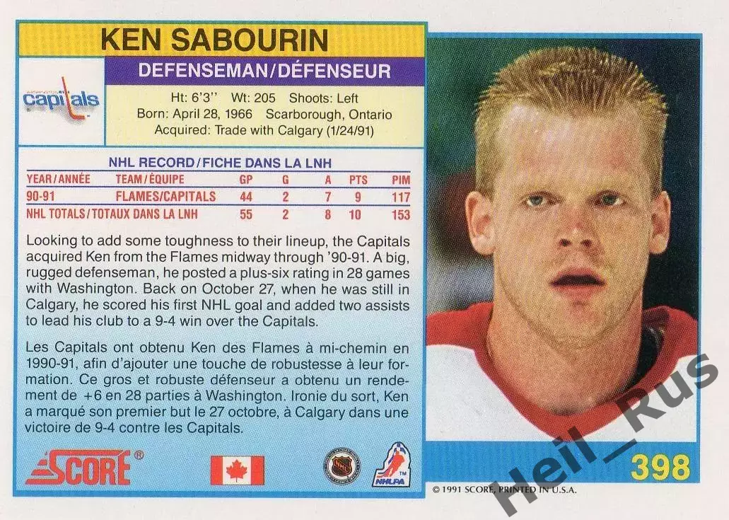 Карточка Ken Sabourin/Кен Сабурин Washington Capitals/Вашингтон Кэпиталз НХЛ/NHL 1