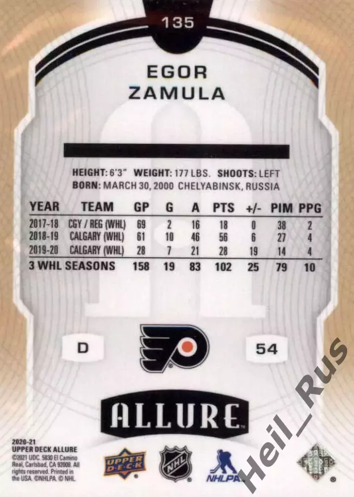 Карточка Egor Zamula/Егор Замула Philadelphia Flyers/Филадельфия Флайерз НХЛ/NHL 1